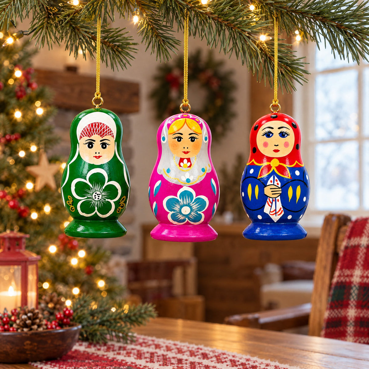 3 Dolls Matryoshka Wooden Christmas Ornaments