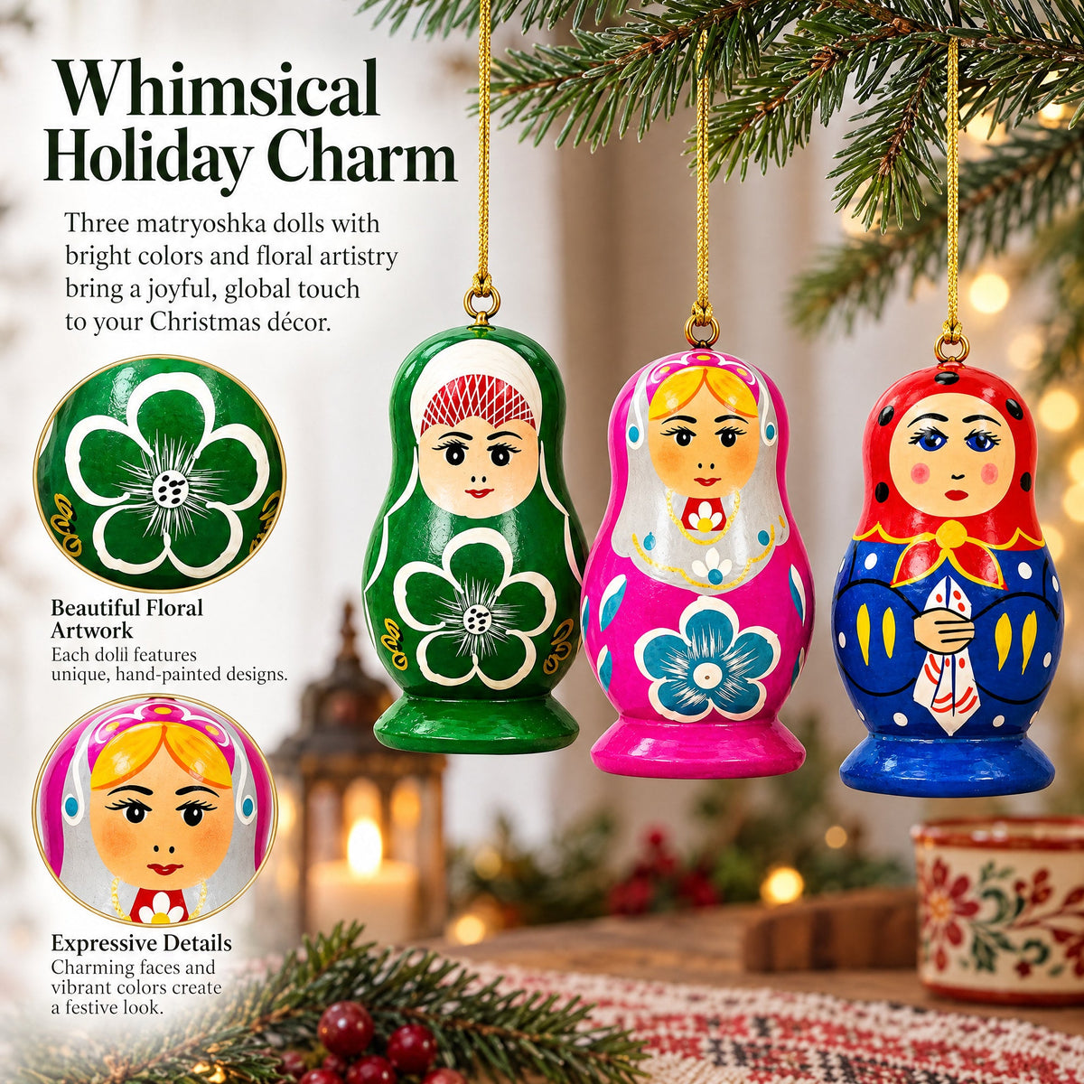 3 Dolls Matryoshka Wooden Christmas Ornaments
